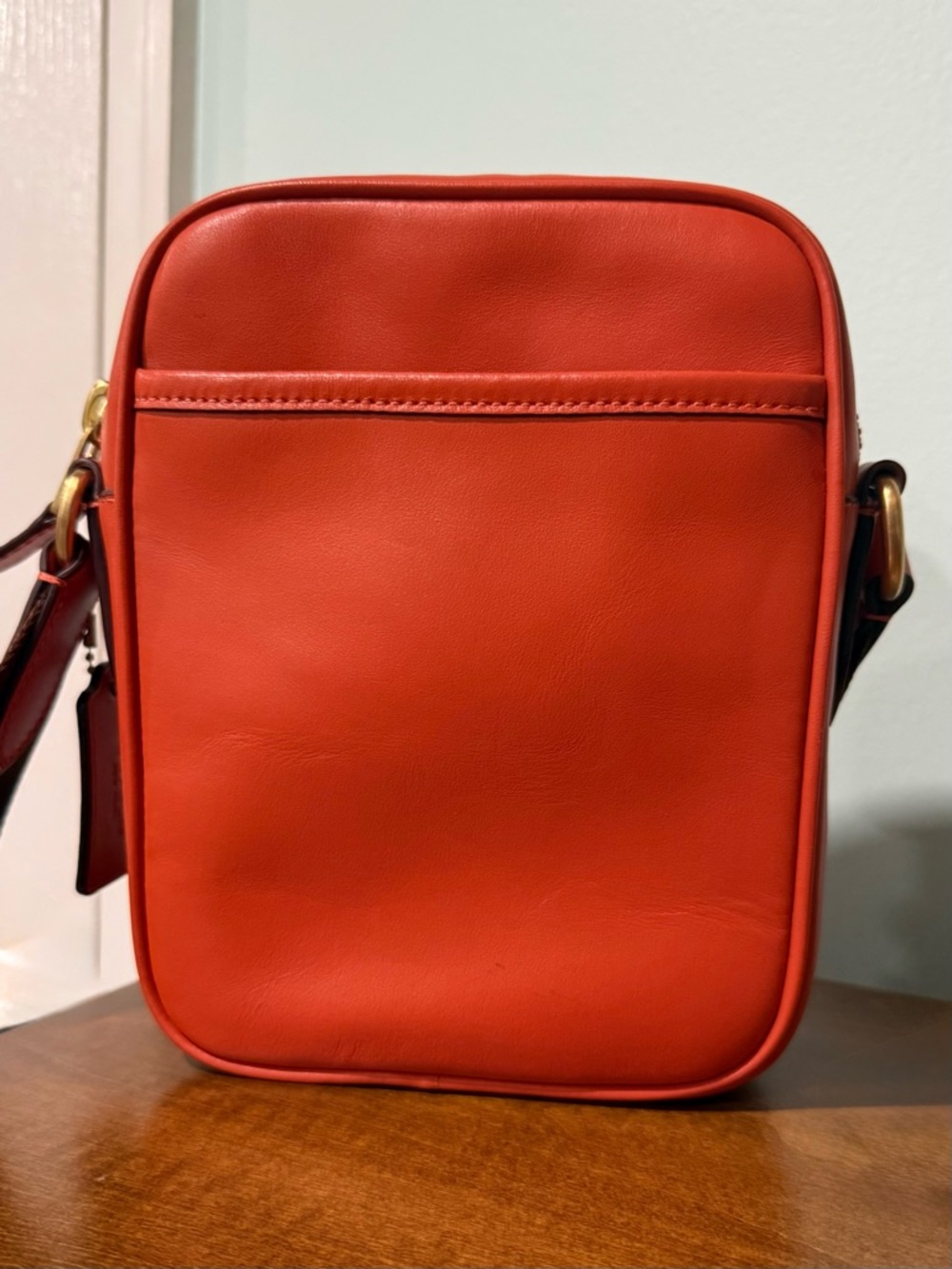 Coach Heritage Orange Smooth Leather Crossbody Turnlock Camera Bag Striped Strap - Picture 7 of 13